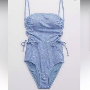 ❤️ Aerie Pique Bandeau Blue One-Piece Swimsuit